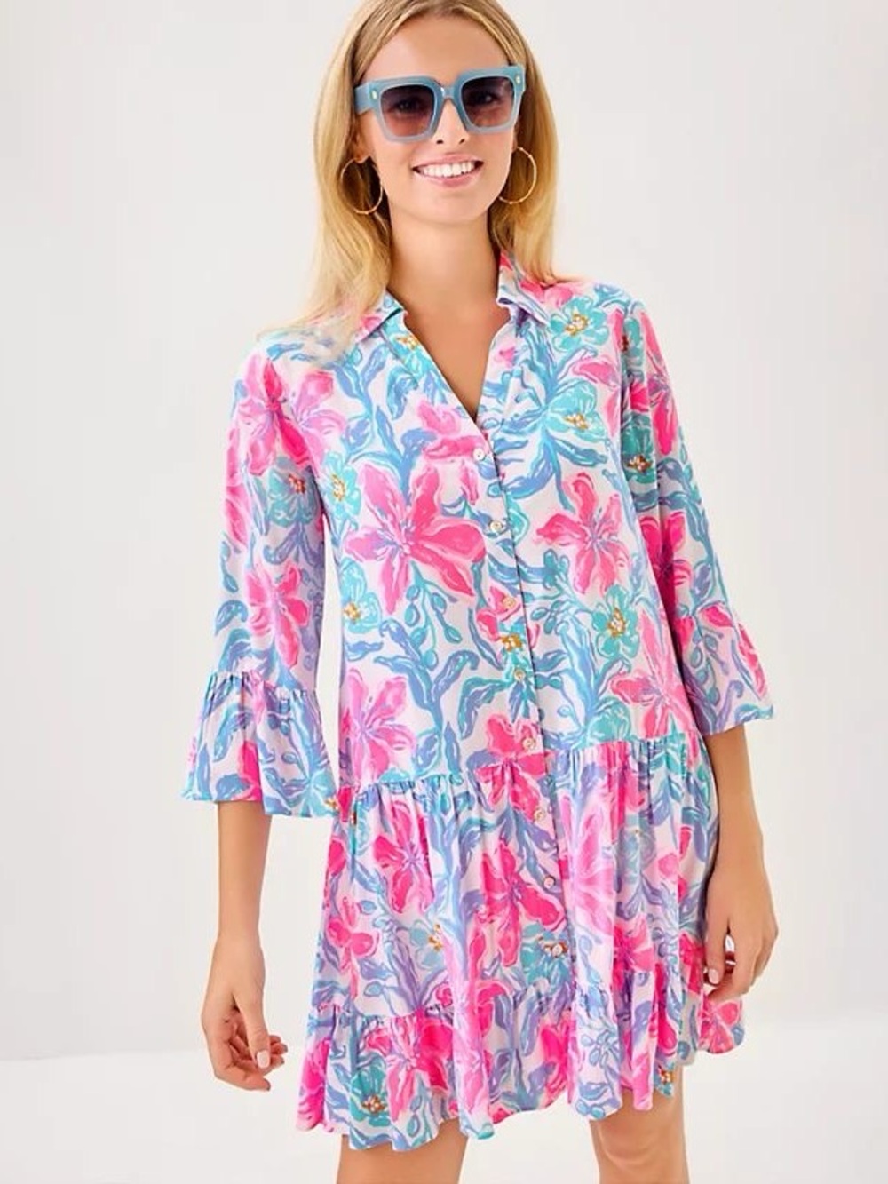 Floral Button-Front Swing Dress in Pink & Aqua